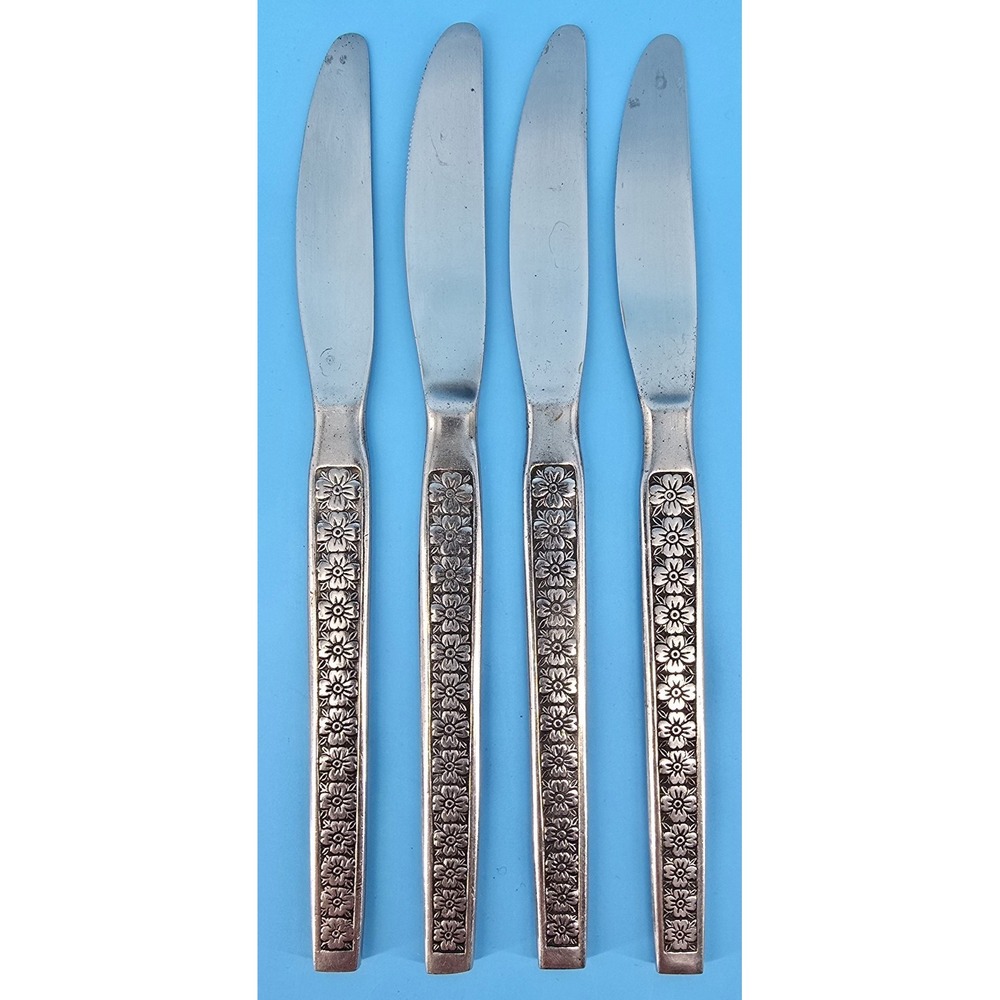 4 Hanford Forge Trocadero‎ Dinner Knives Floral Glossy Stainless Silverware Vtg